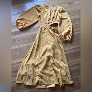 Mustard Yellow cut out full skirt maxi midi dress 4 small puff long sleeve boho